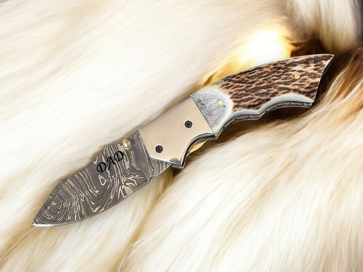Custom Handmade Damascus Pocket Knife – Stag Horn Handle