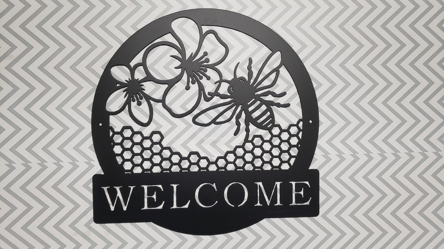 Honey Bee Welcome Sign – Metal Wall Art, Bee Decor for Porch, Garden, Entryway, Custom Steel Welcome Plaque