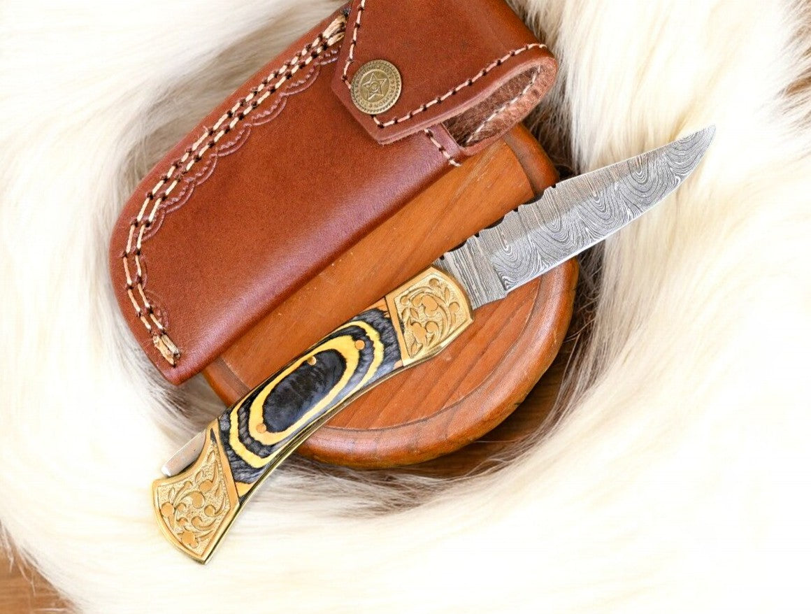Handmade Damascus Folding Knife – Exotic Wood Handle