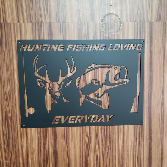 Hunting Fishing Loving Everyday Metal Wall Art – Buck, Bass, Shotgun, Fishing Reel – Rustic Cabin Sign 16"x12" Plasma Cut Steel
